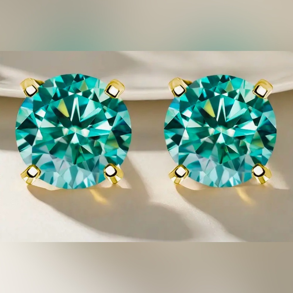 MOISSANITE Cyan Blue / Green 6 c.t.w Earrings Set In 18K Yellow Gold